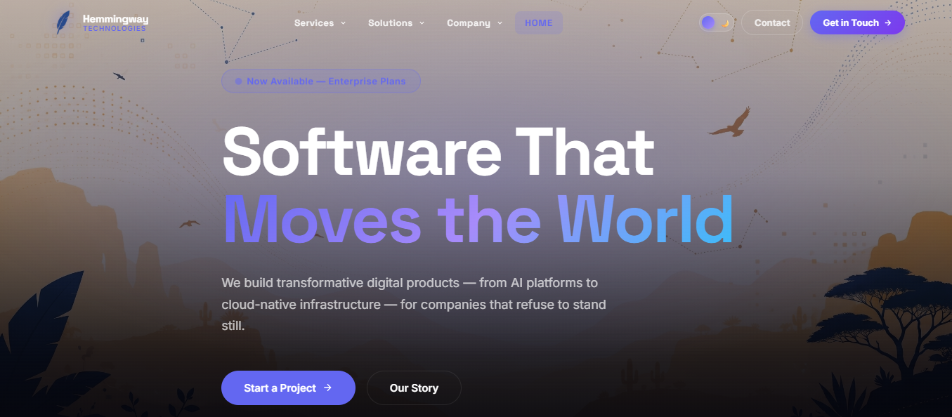 Hemmingway Technologies homepage — dark professional design with navigation and hero section